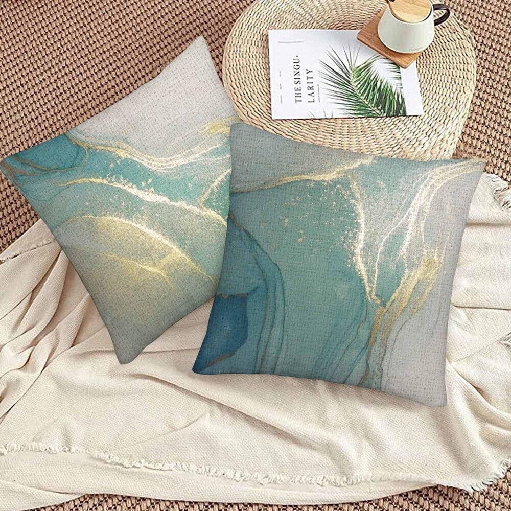 3298 Marble Pattern Throw Pillow Covers Set of 2,Turquoise Gold Silver - Picture 4 of 6